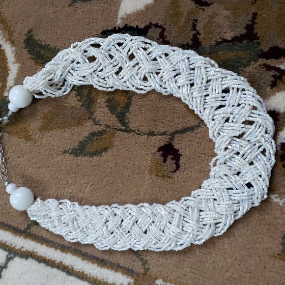 Seed Bead Necklace, Twisted Braided Strand, White Color Beaded Jewelry, Vintage - Picture 9 of 12